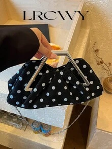 女款壓褶雲朵包優雅淑女精緻輕奢金屬鏈條搭配高端時尚適合購物約會派對黑色波點包 - 黑色 - 查看 4