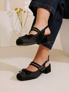Sweet Bow Chunky Heels Cute Fashionable Square Toe Slingback Pumps Spring&Summer Suitable For Party Banquet Cosplay, Elegant Lady Shoes Woman - Black - View 9