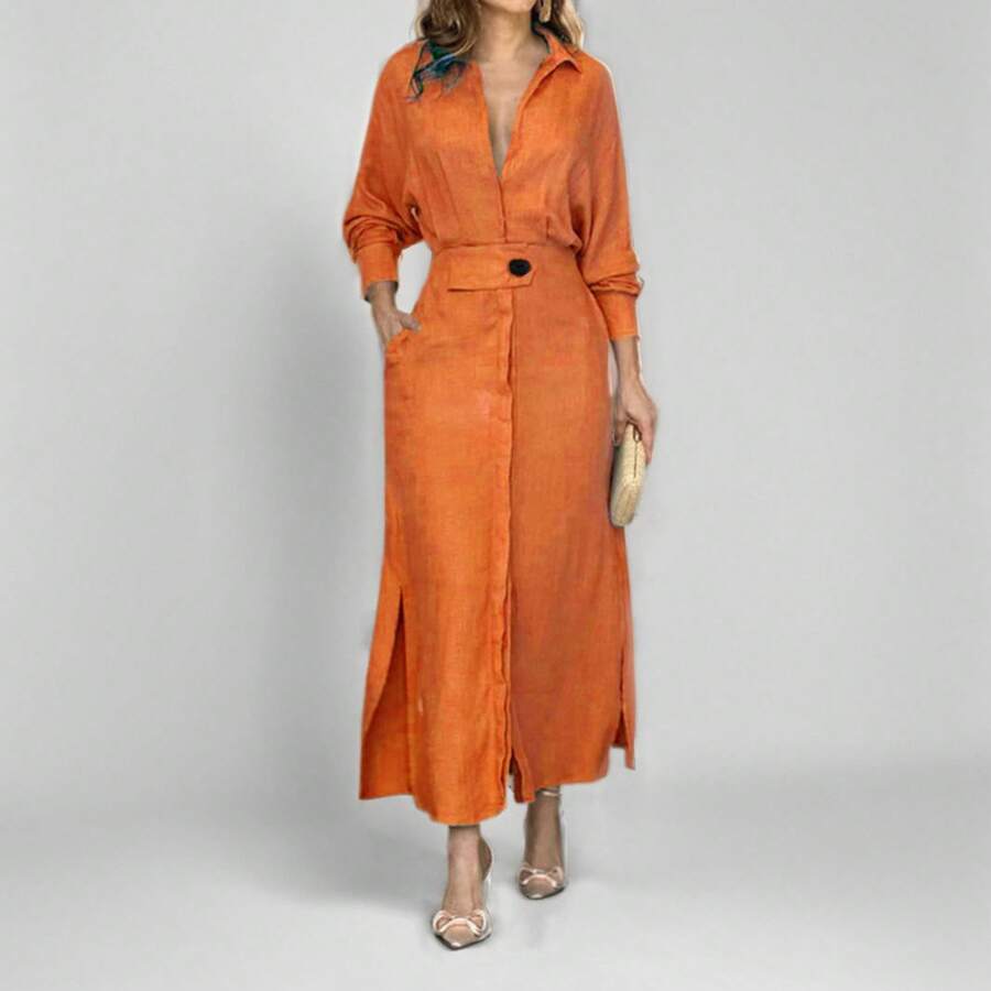 Timeless Draped Maxi Dress - Refined Silhouette & Flowy Texture - Orange-red - View 1