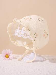1PC Baby Muslin Bonnet, Skin-Friendly Soft Ruffle Floral Newborn Hat, Adjustable Tie Breathable Sun Protection For 0-18M Toddlers - 1PC - View 6