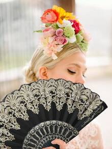 1Pc /2Pcs Vintage Gothic Lace Folding Hand Fan With Jade Pendant Tassel, Retro Gold Stamping Floral Handheld Fan, Chinese Style Accessory For Lolita Cosplay Dance Wedding Party Decor & Gift - Folding Fan - View 4