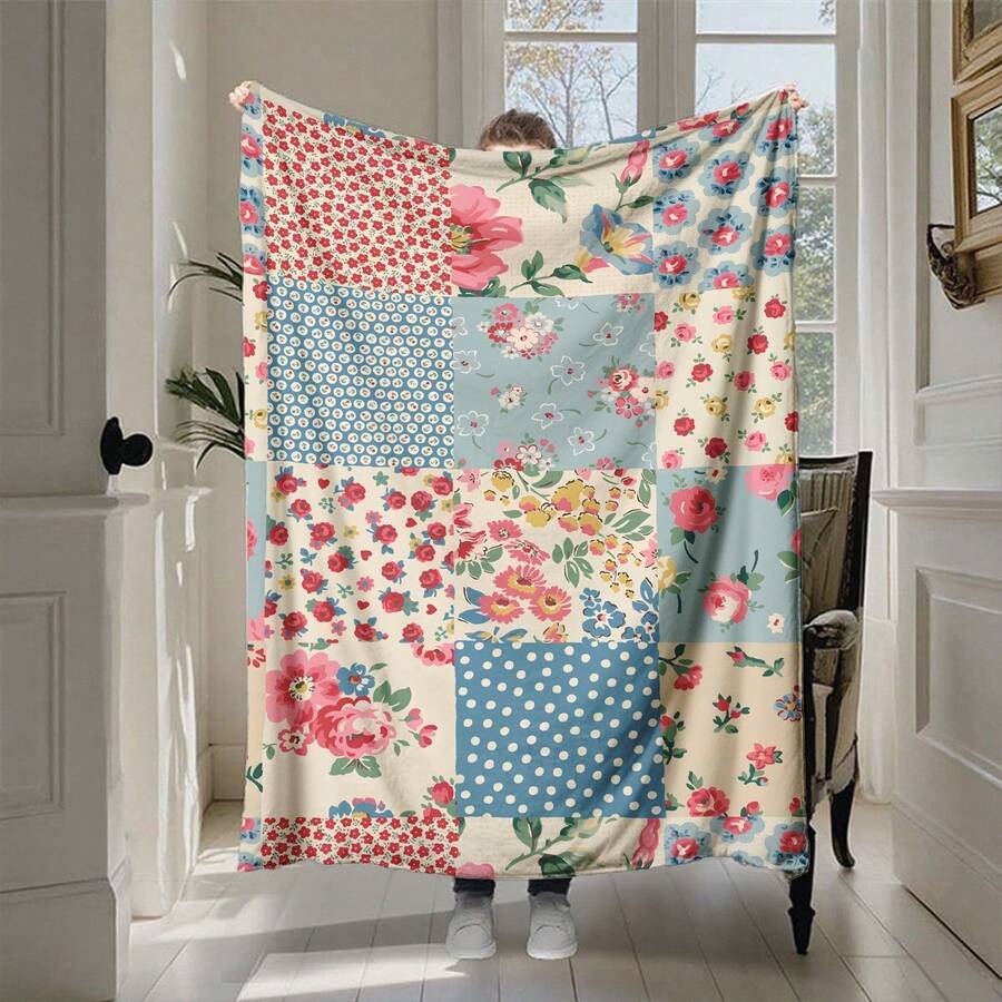 1pc Vintage Patchwork Floral Polka Dot Single-Sided Printed Flannel Blanket, Soft & Lightweight Sofa Bed Cover, Bohemian Home Decor, Suitable For All Seasons, Perfect For Bedroom, Outdoor Camping And Daily Relaxation Gift - Multicolor - View 1