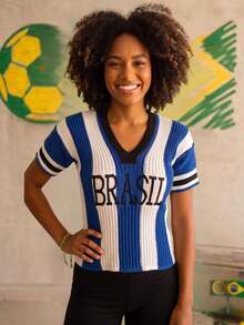 Women's Blouse Brazil Ribbed Knit Short Sleeve V-Neck Front Print Sporty Casual Knit - 綠色 - 查看 8