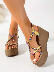 Sandalias de cuña con plataforma y correa trasera, zapatos versátiles de aumento de altura para mujer - Multicolor - Ver 4