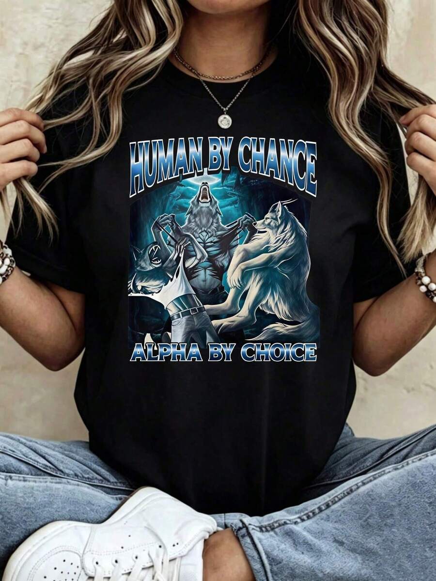 Camiseta de mujer con estampado gráfico de transforión de lobo y humano, diseño para uso casual en otoño e invierno, regalo para amantes de los lo