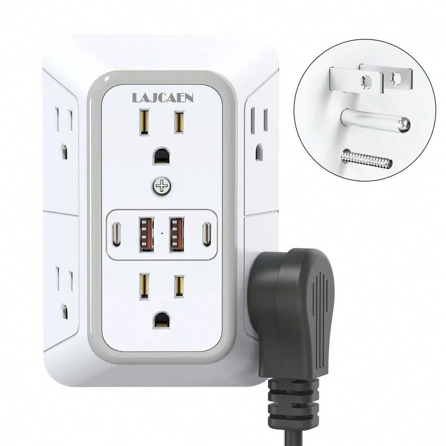 三面式突波保護插座擴充器 – 6 個 AC 插孔 + 4 個 USB 接口 (2 個 USB C)，家用、旅行、辦公室用壁掛式充電電源條