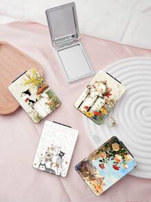 1 pièce Miroir de maquillage pliable portable série de chats mignons de dessin animé, léger ultra-fin pratique et durable en PU, convient pour diverses occasions voyage fête travail école, convient à tous les âges - Multicolore - Voir 2