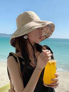 女款雙面花卉印花防曬漁夫帽，夏季防紫外線防風寬帽簷全臉遮陽帽 [無繩] - 顏色 - 查看 6