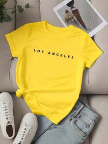 Women's Unity Letter Slogan Short Sleeve T-Shirt, LOS ANGELES Graphic Tees, Women's Tops - 黃色 - 查看 1