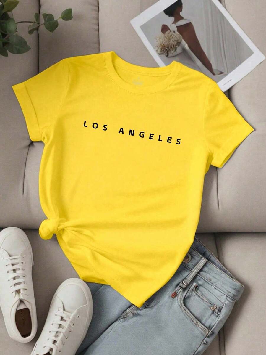 Women's Unity Letter Slogan Short Sleeve T-Shirt, LOS ANGELES Graphic Tees, Women's Tops - 黃色 - 查看 1