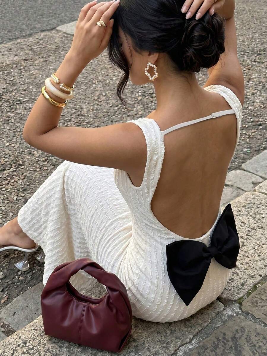 Vestido de verano elegante y vintage de mujer con estilo francés, con lunares, espalda descubierta, bloques de color, lazo y col - Albaricoque - Ver 1