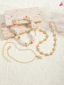 3 piezas/Set Tobillera de estilo bohemio con cadena de concha dorada hecha a mano, colgante de estrella de mar con perlas falsas y piedras de colores, adecuada para playa, vacaciones, uso diario, longitud de cadena de concha ajustable, cantidad de conchas y forma/tamaño/color de piedras de colores aleatorios - Multicolor - Ver 7