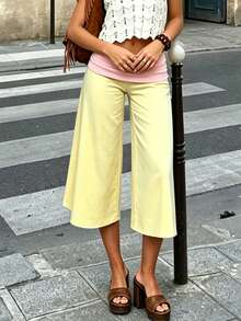 Fold Over Wide Leg Capri Pants For Women Low Rise Lounge Yoga Flare Culottes Y2k Flowy Crop Palazzo Pants - 黃色 - 查看 5
