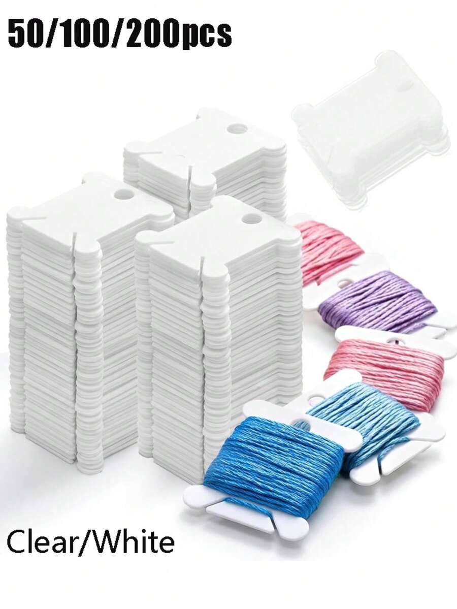 50/100/200pcs Plastic Embroidery Thread Spools, Embroidery Thread Cards, Suitable For Cross Stitch Thread Craft DIY Sewing Storage, Hard Embroidery Thread Spools (White, Transparent) - Multicolor - View 1