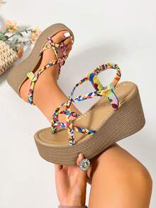 Sandalias de cuña con plataforma y correa trasera, zapatos versátiles de aumento de altura para mujer - Multicolor - Ver 3
