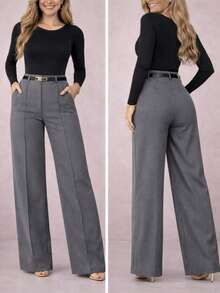 Women's Tailored Pants With Belt Pockets Formal Pantaloons Simple Elegant Composite Fabric Zipper Pocket With Belt Women's Winter - 灰色 - 查看 2