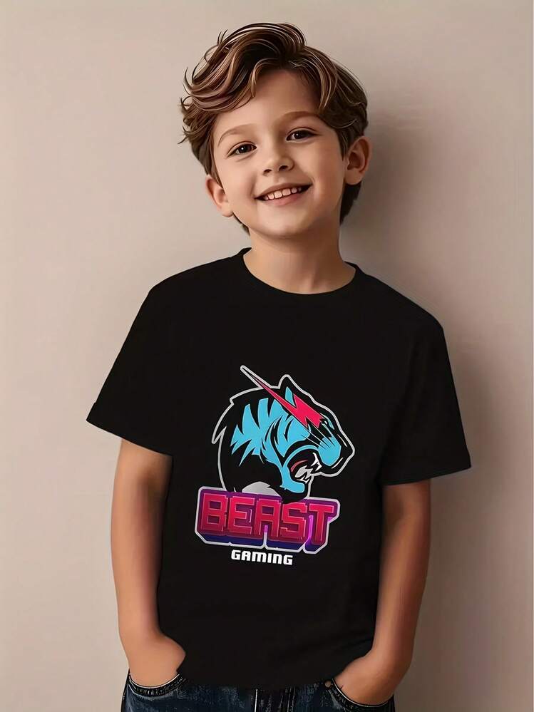 Camiseta con Estampado de Juego para Niños - Diseño de Tigre y BESTIA, Cuello Redondo Casual, Manga Corta de Verano, Lavable a Máquina, Estilo Cómodo, Regalo Ideal para Gamers y Entusiastas - Negro - Añade 1