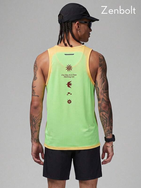 Zenbolt Men's Round Neck Sleeveless Tank Top, Gradient Pattern And Letter Print Details