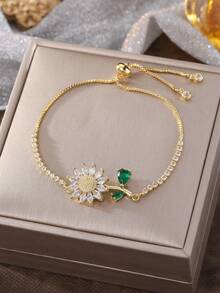 1pc Fashionable Dynamic Rotating Flower Zirconia Bracelet, Light Luxury Premium Feel Bangle, Women's Daily Personalized Versatile Jewelry - Windmill - View 3