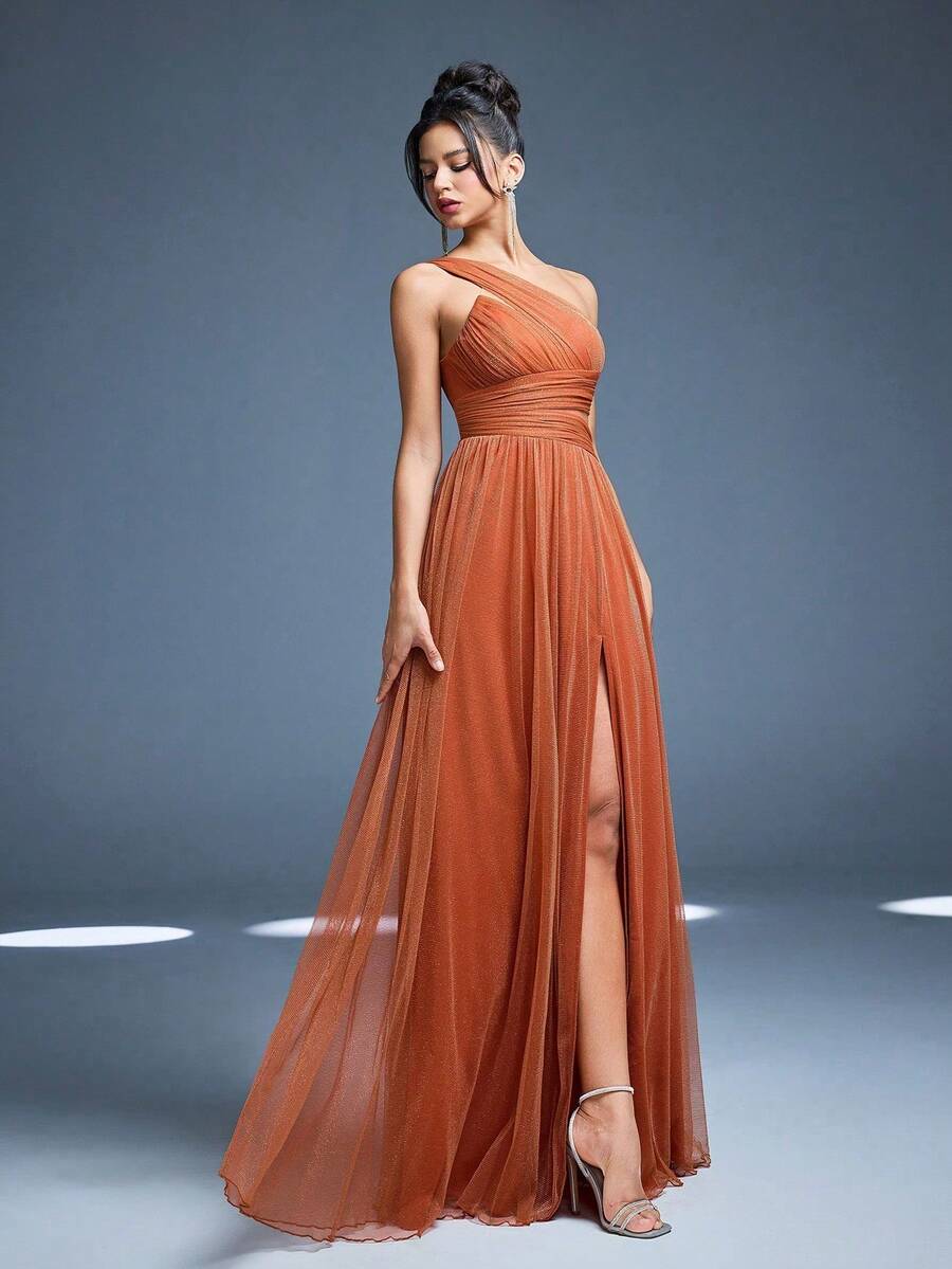 Vestido de dama de honor de un solo hombro sólido nuevo de Mgiacy, vestido largo con abertura alta y volantes de malla transparente para boda - Naranja Quemada - Ver 1