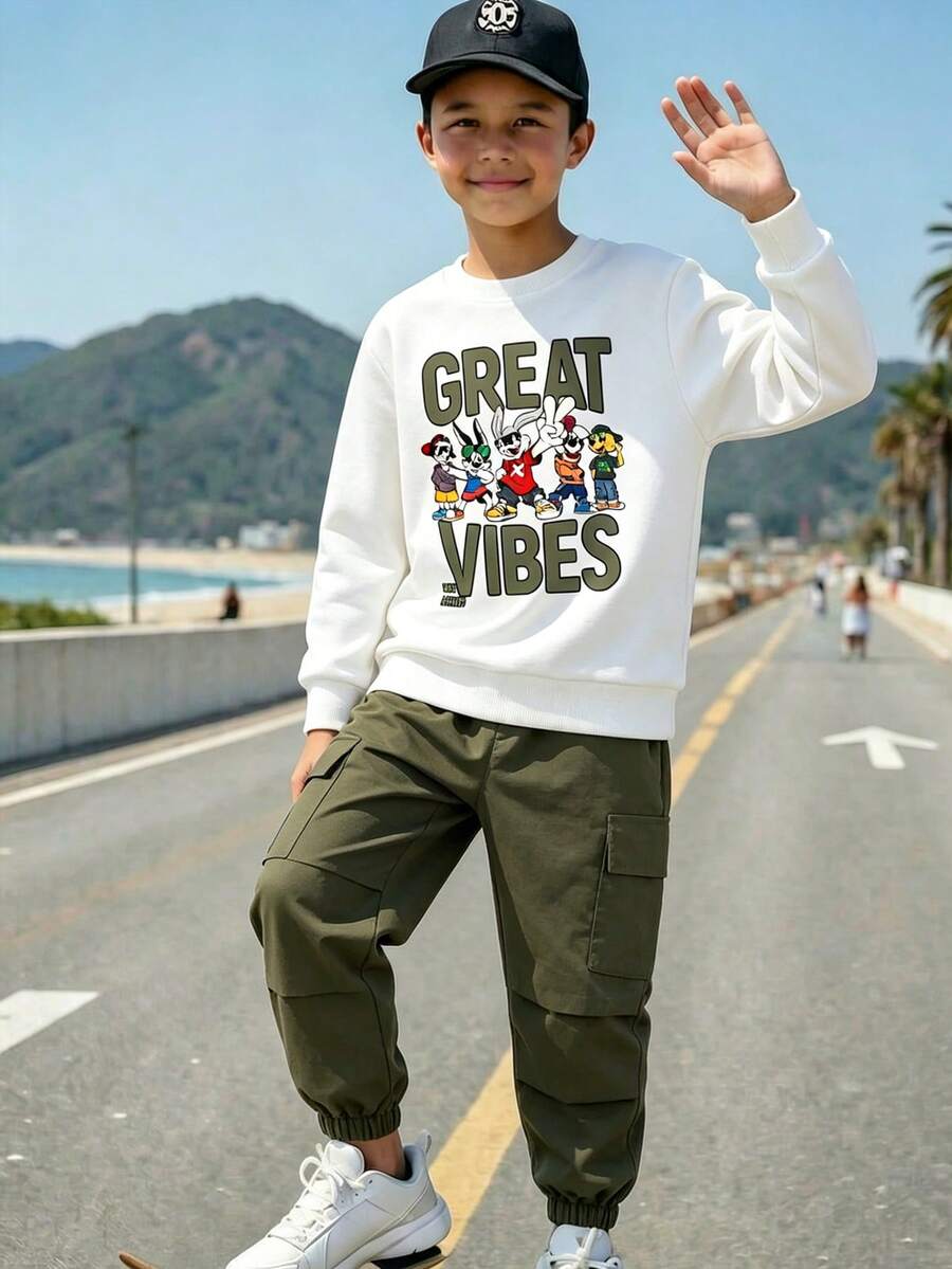 青少年男童字母印花圆领长袖上衣和纯色裤子套装 - 白色 - 查看 1