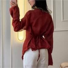 Women's Long-Sleeved T-Shirt With V-Neck, Tie And Asymmetrical Cut, Versatile And Casual, 2026 Collection - 紅色 - 查看 3