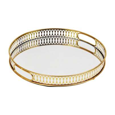 HOHOBLA Bandeja Decorativa Espejada Redonda, Bandeja de Lujo con Acento Dorado para Tocador & Mesa de Café, Bandeja de Servicio Grande de Metal & Vidrio de 12.6 Pulgadas, Organizador de Joyas y Perfumes, Centro de Mesa Elegante, Regalo de Inauguración de Casa