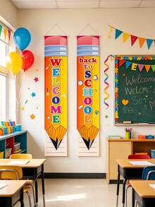 2pcs Pencil Pattern Banner, Back To School Decorations, First Day Of School Decorations, Classroom Decorations, Welcome Back To School Banner, Back To School Season Decorations, Back To School Porch Sign, Banner Decorations, Pencil Welcome Door Sign, Party Props, Baby Shower Party Supplies, Party Supplies - Multicolor - View 5