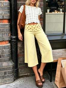 Fold Over Wide Leg Capri Pants For Women Low Rise Lounge Yoga Flare Culottes Y2k Flowy Crop Palazzo Pants - 芥末黃 - 查看 5