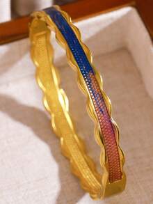 1 Stück Western-Stil charmantes dickes Premium 304 Edelstahl Blumen-Emaille-Textur stapelbares Armband-Set, rostfreies Damen-Schmuck-Gold-Accessoire-Set, geeignet für Alltag, Hochzeit, Party, Feiertagsgeschenk - Goldgelb - Übersicht 17