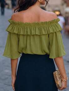 Women's New Off-Shoulder Ruffle Hem Solid Color Blouse, Fashionable Minimalist Style For Dates, Casual, Office Wear In Summer - Olive Green - View 5