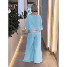 Elegant Sequin Spliced Chiffon Set, Plus Size Crew Neck Batwing Sleeve Spring Summer Formal Suit - Sky Blue - View 5