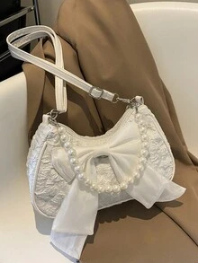 Bolso de mano con cadena de perlas de moda, bolso de hombro - Beis - Ver 9