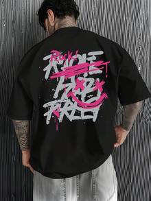 Primavera Grafica. 1pac.100%Cotton.American Street Rock Style Men's Printed T-Shirt, Featuring Spray-Painted Letters And Cheerful Graffiti Patterns-A - Black - View 1