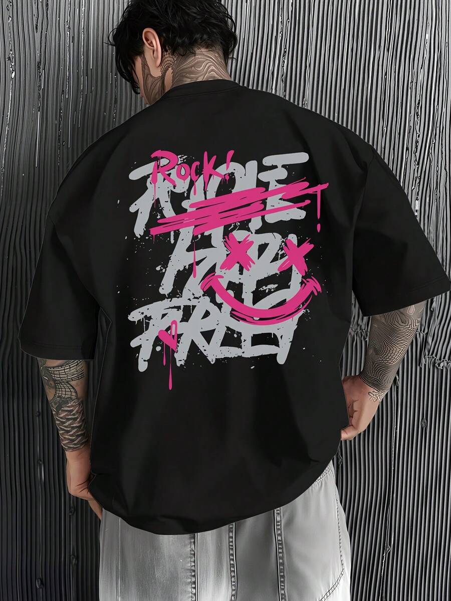 Primavera Grafica. 1pac.100%Cotton.American Street Rock Style Men's Printed T-Shirt, Featuring Spray-Painted Letters And Cheerful Graffiti Patterns-A - Black - View 1