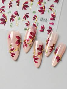 FULL BEAUTY 2pcs Burgundy Flower Vines Leaf Nail Art Stickers Red Elegant Watercolor Floral Petal With Gold Line Spring Summer Nail Decals Wedding Nail Supplies Nail Charms Decorations - Multicolor - View 3