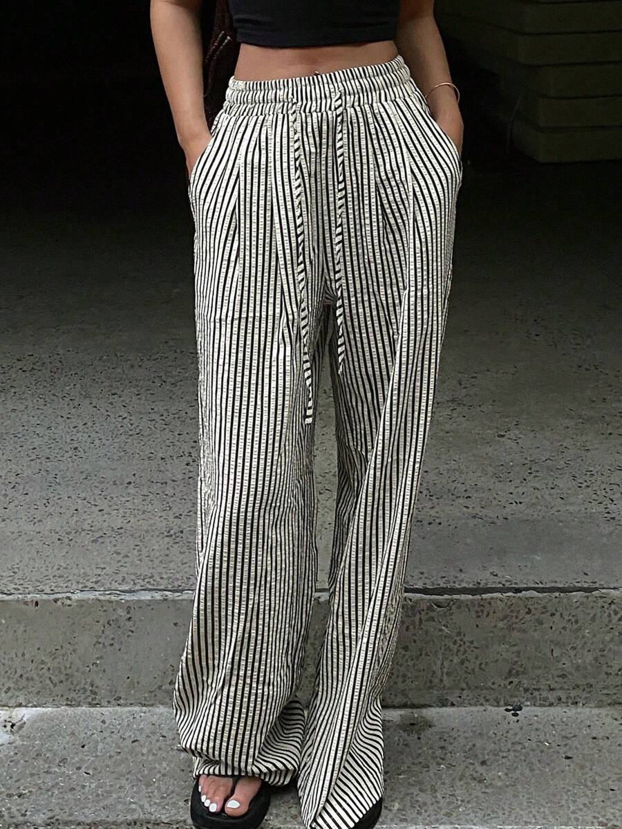 Women's Striped Wide-Leg Pants With Drawstring Waist For Casual Summer Wear - 黑色 - 查看 1