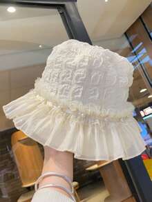 1件式女款優雅荷葉邊水桶帽，珍珠飾邊提花花卉遮陽帽，輕盈透氣夏季帽，適合旅行、海灘及日常穿著 - A - 查看 9
