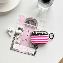 Casing Pelindung Earphone Bermotif Fashion Sederhana Putih dengan Bintang Lima dan Garis Horizontal Merah dan Putih untuk AirPods 1 2 3 4 Pro Pro2 Pro3 - Hitam - View 5