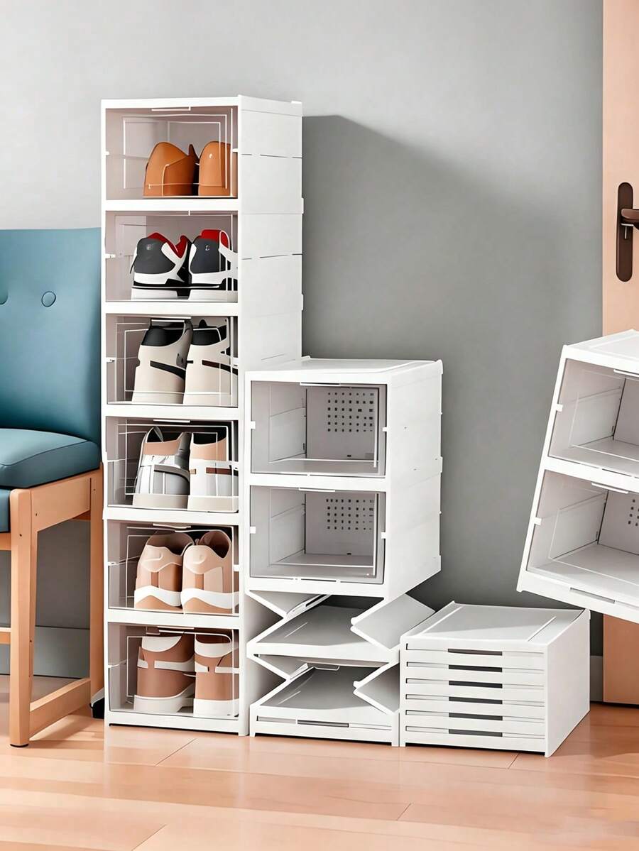 1pc Three-Tier Foldable Shoe Rack Storage Box, Suitable For Stairwells, Entryways, Living Rooms, And More. Thickened Transparent Foldable Shoe Cabinet, Shoe Storage Box, Stackable Dust-Proof High-Top Shoe Rack, Storage Shelf, Shoe Storage Box