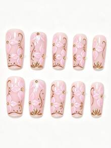 24PCS Medium Water Pipe Fake Nails, Pink Base, Glossy Finish, Natural Brightening, Floral & Plant Design, Gold Foil & Gold Foil Stamping, Complex Craftsmanship, 3D Gold Steel Ball & Rhinestone Decor, High-End Luxury Style, Perfect Gift Choice For Women And Girls, Suitable For Daily Life And Party Use, Applicable For Nail Salons And DIY Nail Art, Can Be Used As Press-On Nails Or Nail Supplies, Removable And Reusable Nail Set - Multicolor - View 4