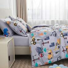 VIVILAND 6/8 Pieces Kids Bedding Comforter Sheet ,Ultral Soft Microfiber Kids Bed Set, Grey Bottom Excavator Comforter Sets For Girls/Boys Kids, Twin/Full Comforter Set For Girls/Boys - 灰底挖土機 - 查看 4