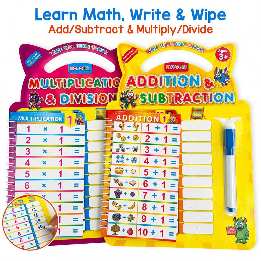 Children's Math Arithmetic Practice Book, Addition Subtraction Multiplication Division Math Training Learning Teaching Aid, Student Game Cards, Reusable Educational Math Table Workbook