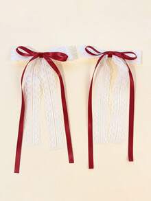 2 piezas/Set Pinzas para el cabello con lazo de cinta larga de encaje y satén para mujer, estilo dulce, adecuado para uso diario, pasador para el cabello - Multicolor - View 10
