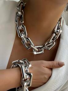 1 Set Women's Fashion Vintage Minimalist Metal Flat Cuban Chain Necklace & Bracelet Set, Perfect For Daily Wear, Weddings, Brides, Parties And Celebrations - Silver - View 1