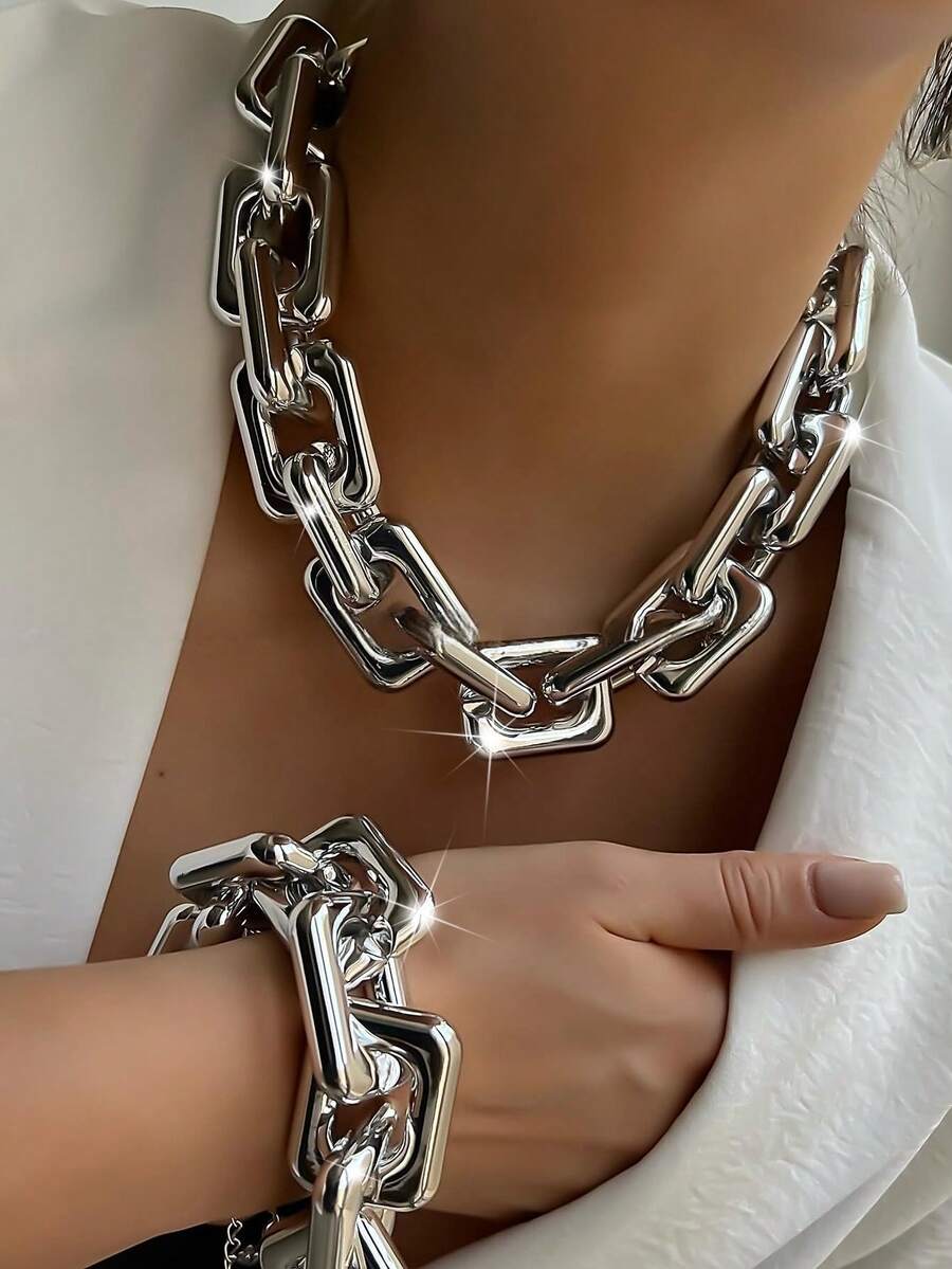 1 Set Women's Fashion Vintage Minimalist Metal Flat Cuban Chain Necklace & Bracelet Set, Perfect For Daily Wear, Weddings, Brides, Parties And Celebrations - Silver - View 1