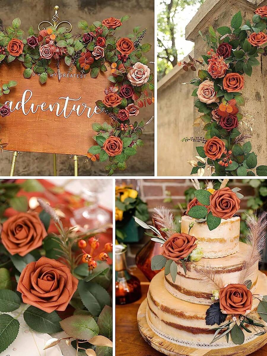 5/25/30pcs Real Looking Fake Roses For DIY Wedding Bouquets Centerpieces Arrangements Party Baby Shower Home Decorations OPP Bag Packaging (Excluding Box), Valentine Day, Gift Gifts Birthday Graduation - Orange - View 1
