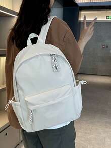 Mochila de nylon de unicolor minimalista para mujer, mochila ligera para uso diario de negocios y desplazamientos, mochila casual de gran capacidad con múltiples bolsillos adecuada para oficina, trabajo, viajes y escuela - Blanco - Ver 3
