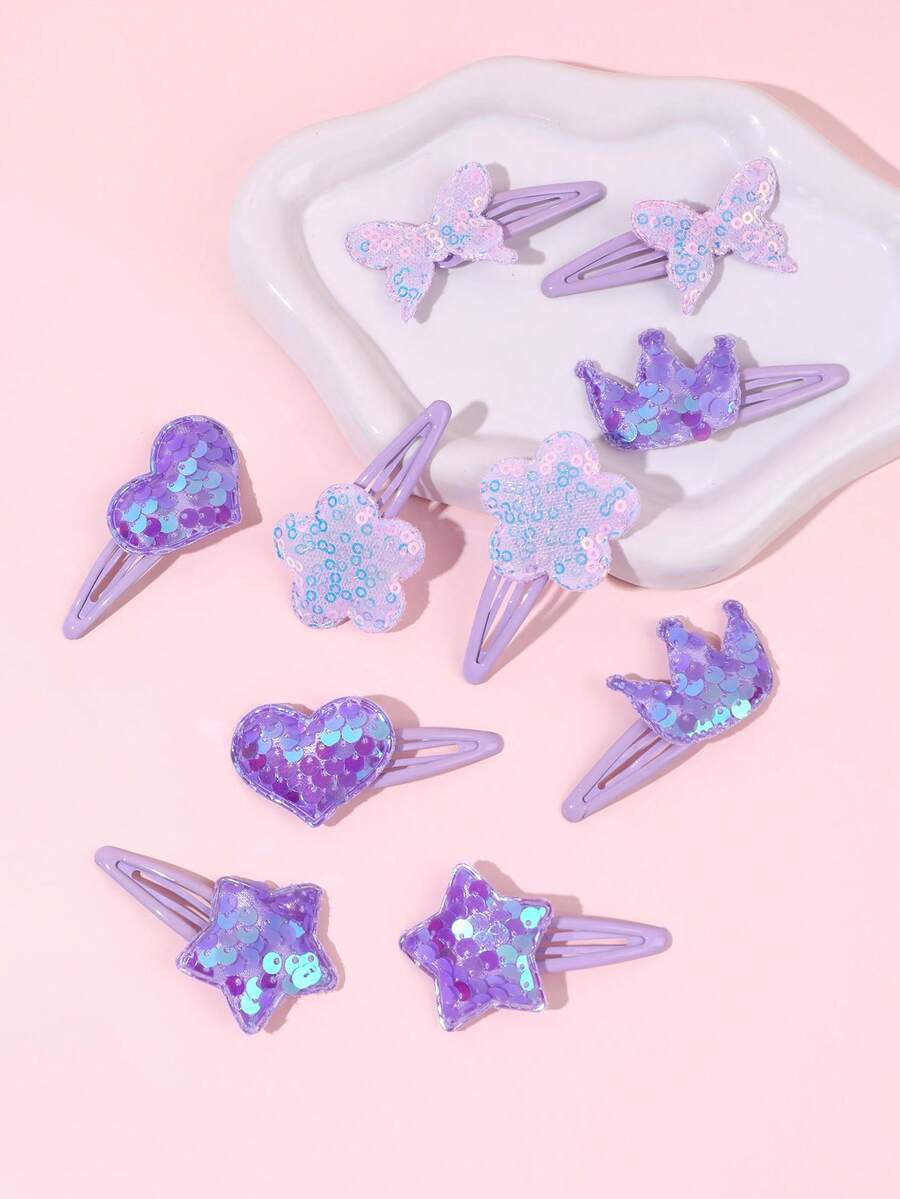 10入紫色亮片女孩髮飾蝴蝶結 蝴蝶皇冠愛心星星花朵髮夾 閃亮可愛日常度假髮針 青少年髮飾配件 - 紫色 - 查看 1