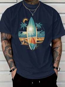 Camiseta Casual de Algodón para Hombre, Camiseta Gráfica de Surf Tropical para Hombre - Camiseta de Vacaciones en la Playa con Diseño de Palmeras y Tabla de Surf - Albaricoque - Ver 1